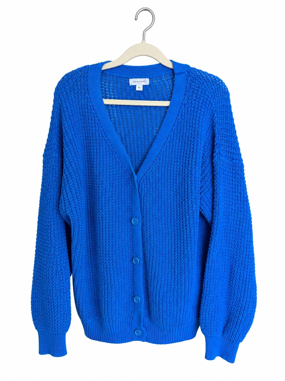 QUALFORT Cobalt Blue 100% Cotton V-Neck Cardigan Sweater XL